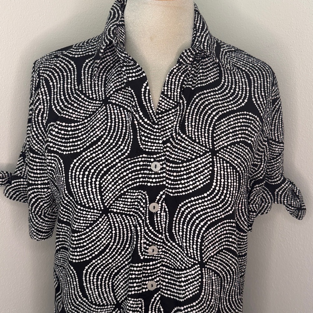 La Mer Luxe black white swirl print midi short sleeve dress XS